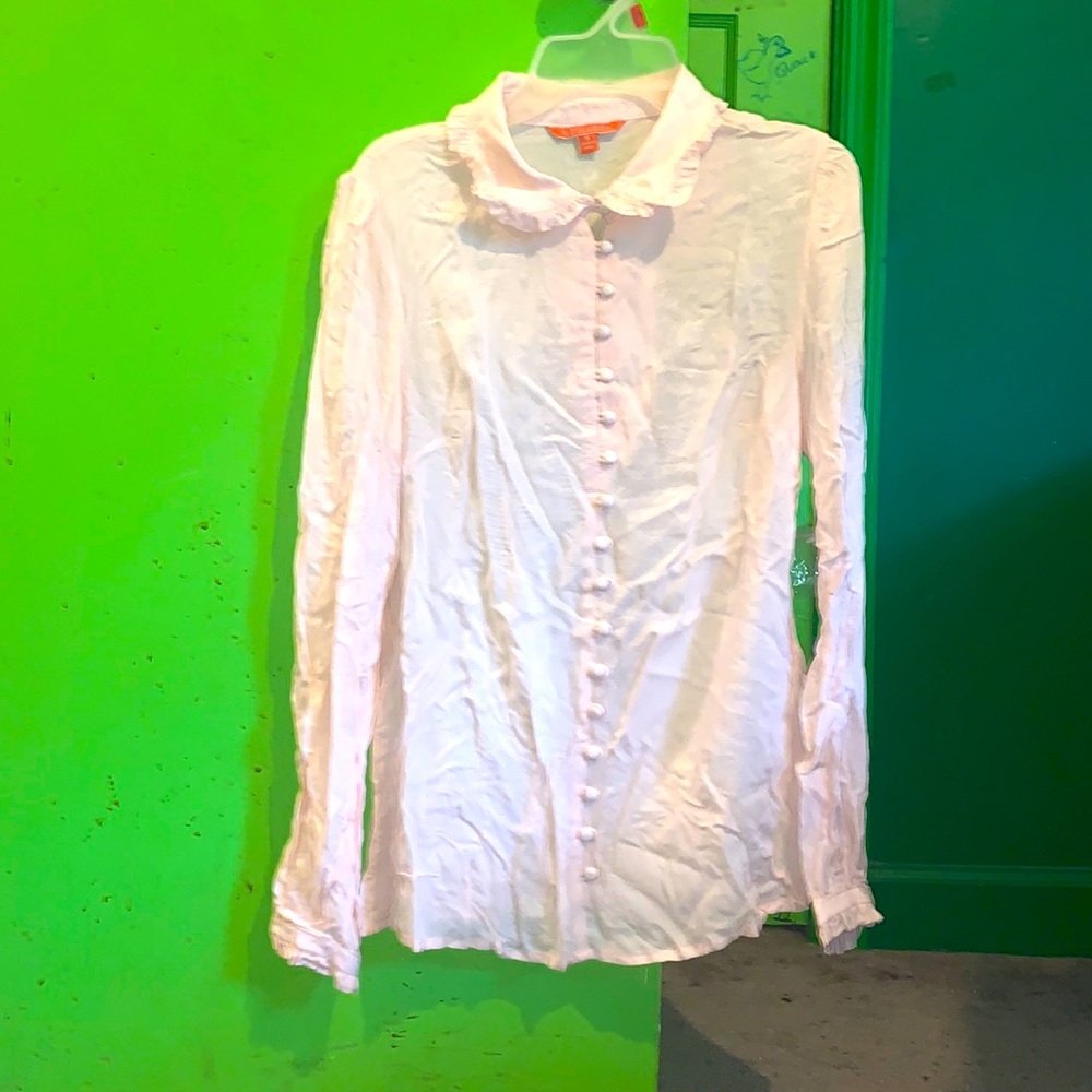 Modcloth ruffle button down business casual 100% rayon lightweight office blouse